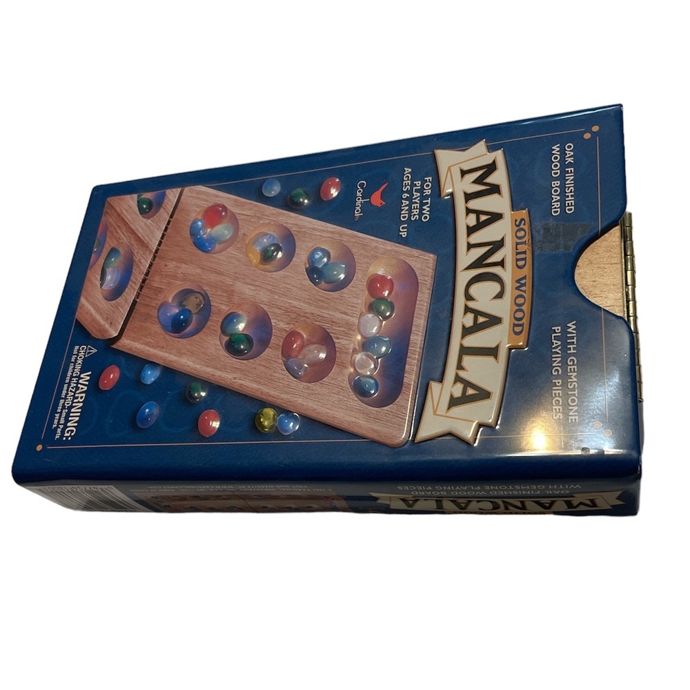 Folding Wooden Mancala Game with Colorful Stones In Metal Box